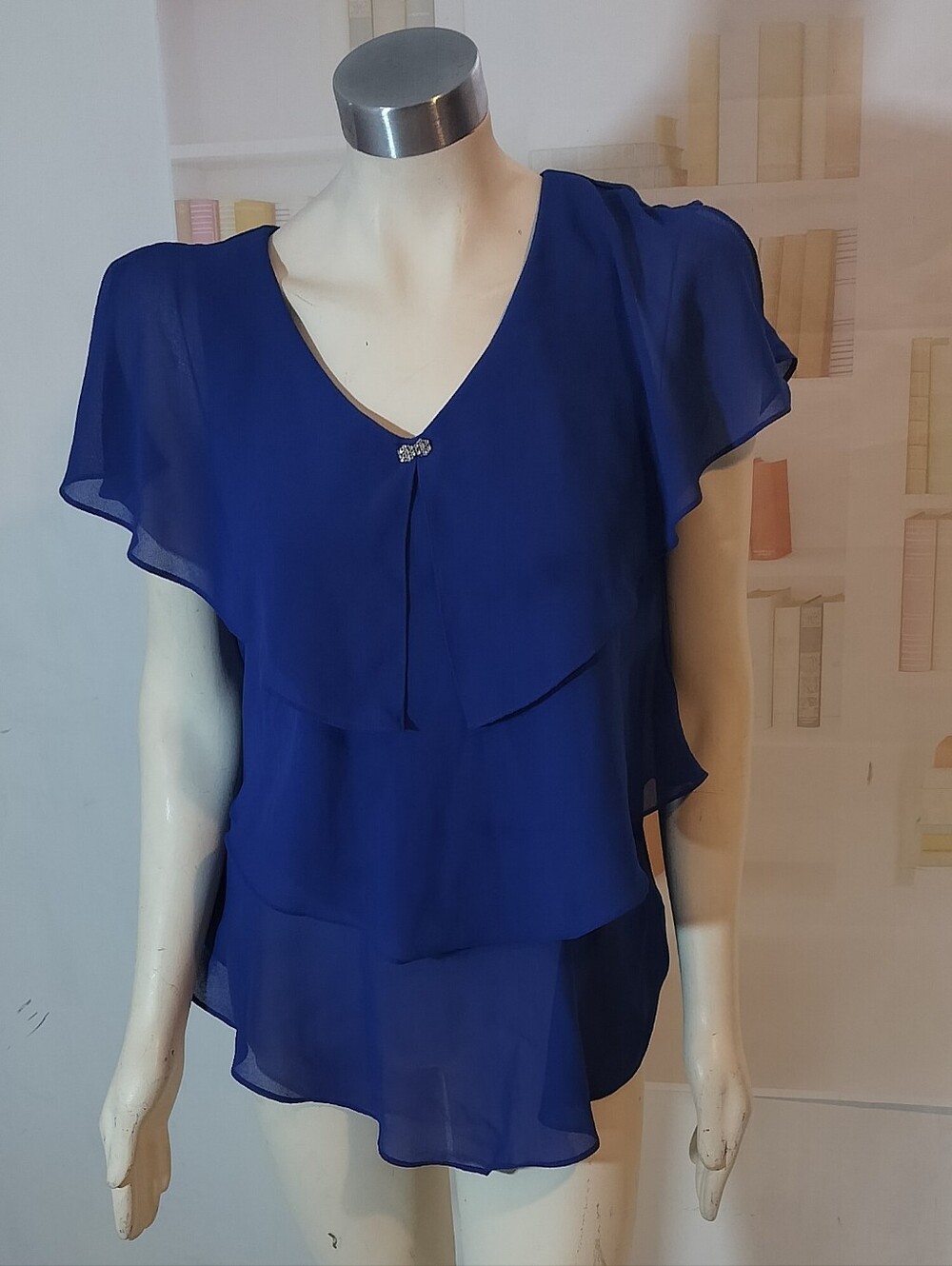 SLNY Royal Blue Layered Chiffon V-Neck Blouse